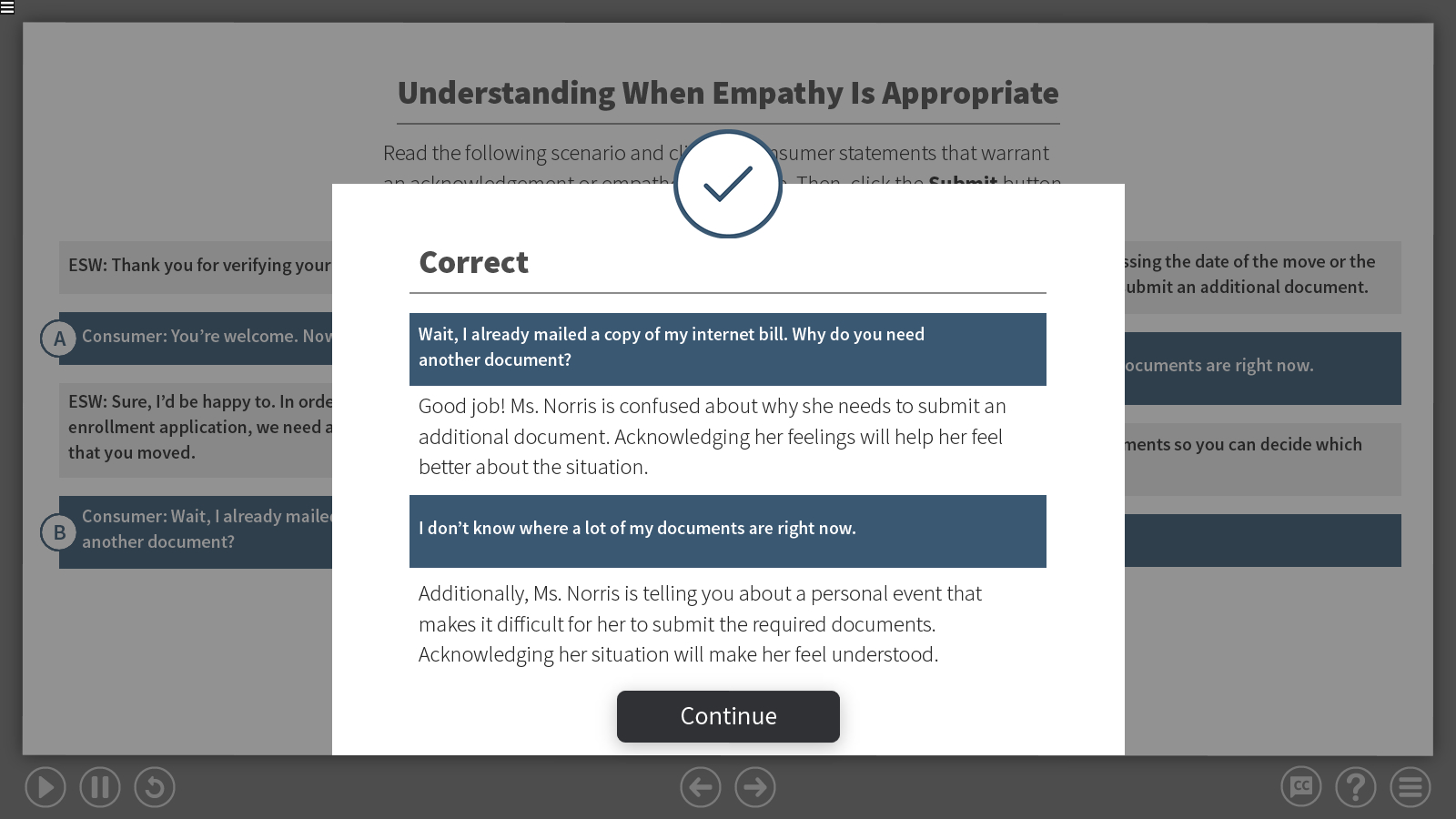 a feedback slide for that interaction showing the correct answers
