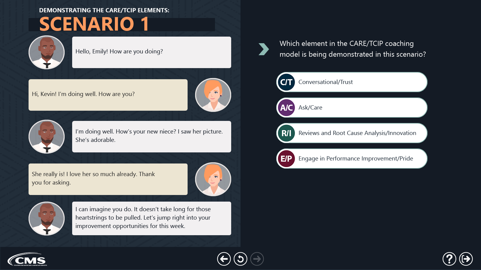 a slide showing two characters speaking as well as a ultiple choice character