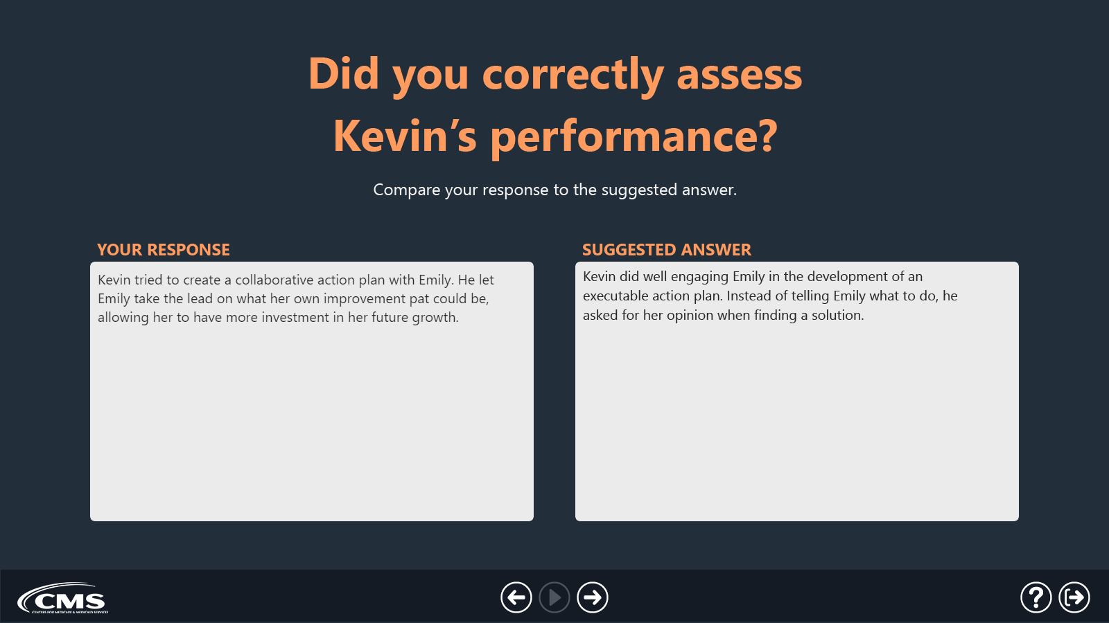 a slide comparing a written answer with the ideal answer