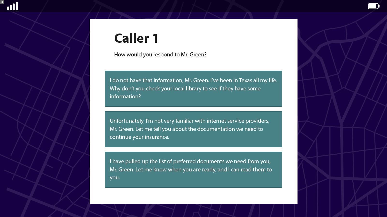 a quiz slide set over the map to direct a conversation