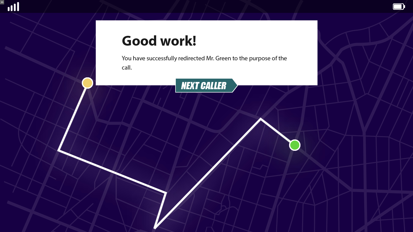 a feedback slide showing the learner routed the call to the correct destination