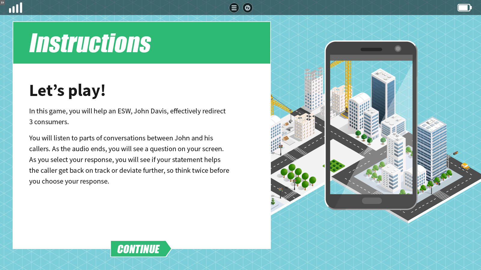 a heavily stylized instructions slide featuring isometric artwork