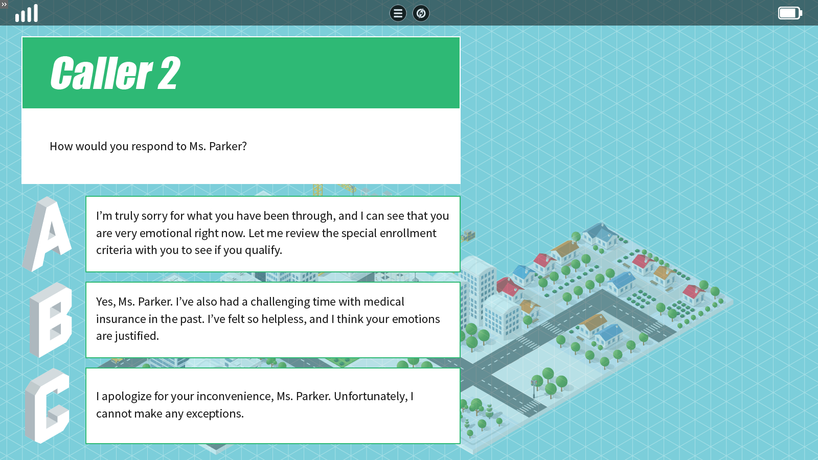 a quiz slide that guides and avatar across an isometric map
