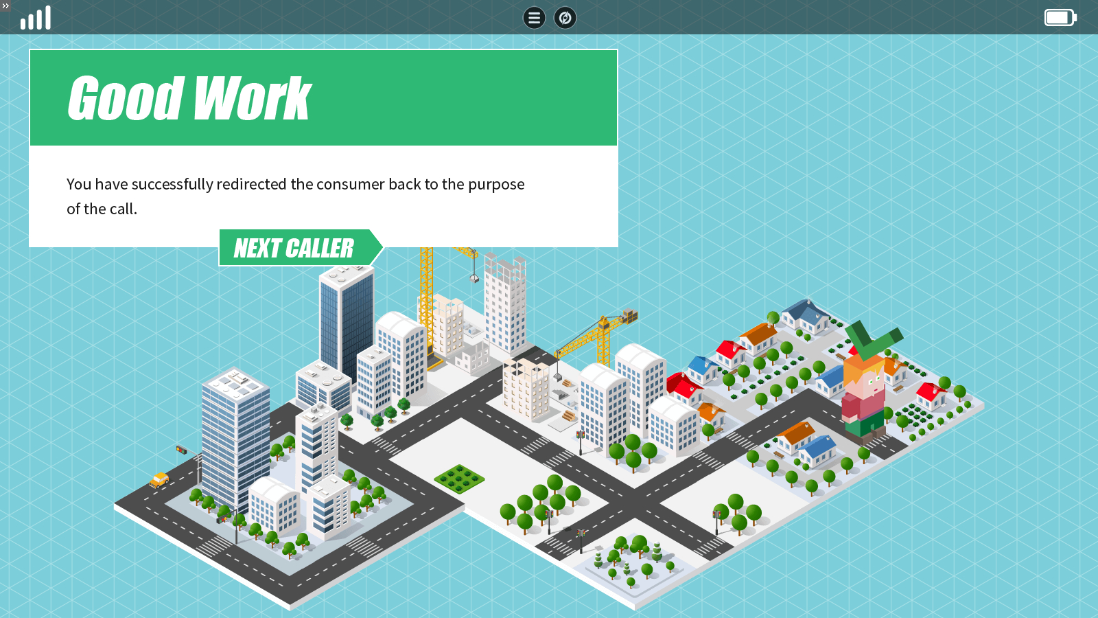 a feedback slide showing the caller reached the correct destination on the isometric map