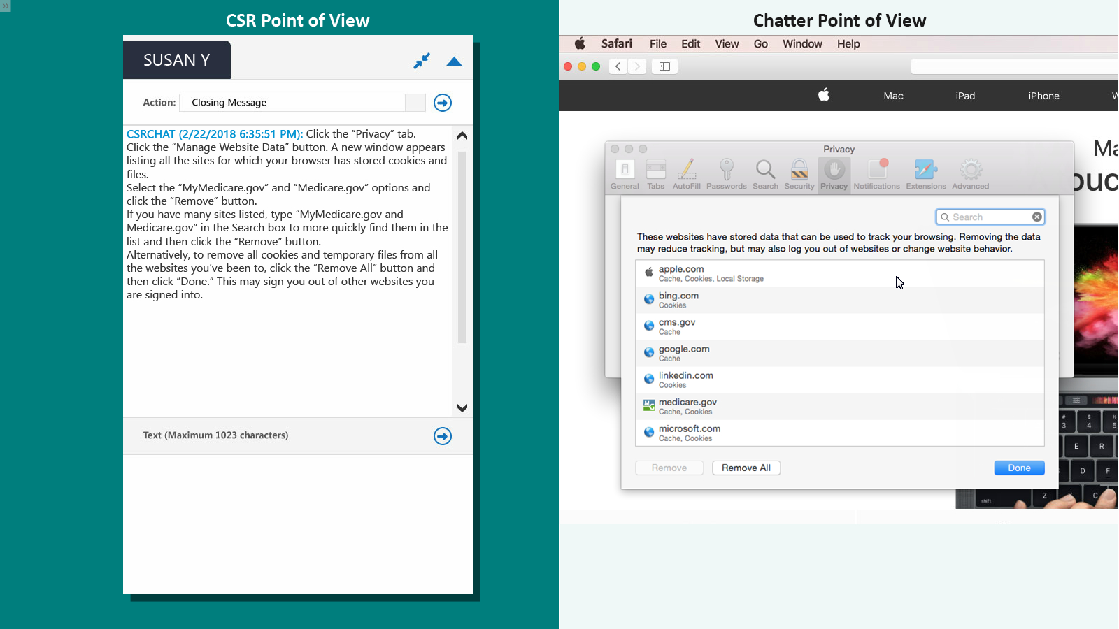 a slide illustrating a Medicare chat and what the beneficiary is seeing on their Mac