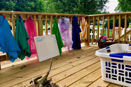 a sign next to a hamper and hanging fabric. The sign describes the developmental skills the play station meets.