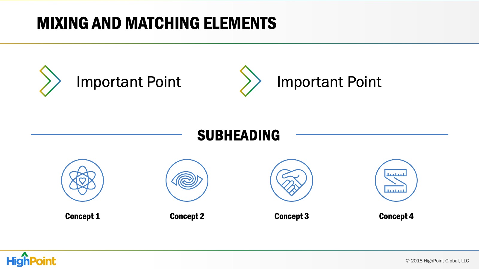 corporate PowerPoint slide with two rows of icons