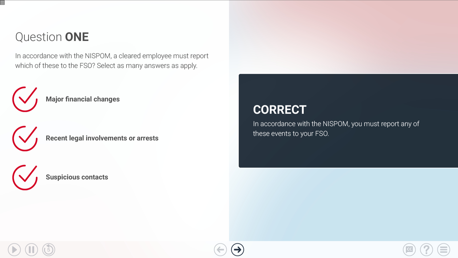 a quiz slide showing fedback